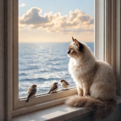 The primary subject of the image is a cat sitting on a window sill, looking out at the ocean. The setting is a window with a view of the water, creating a serene and peaceful atmosphere. The visual style is a realistic depiction of the cat and its surroundings, capturing the cat's attention as it gazes out at the ocean. The colors in the image are predominantly shades of blue and gray, reflecting the ocean's calmness and the cat's relaxed demean